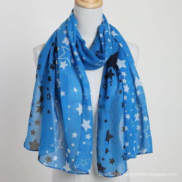 Novo estilo Grande tamanho Brand New Voile Star Scarf Color Blue Fashion Shawls, Lady Scarf, Polyester Scarf